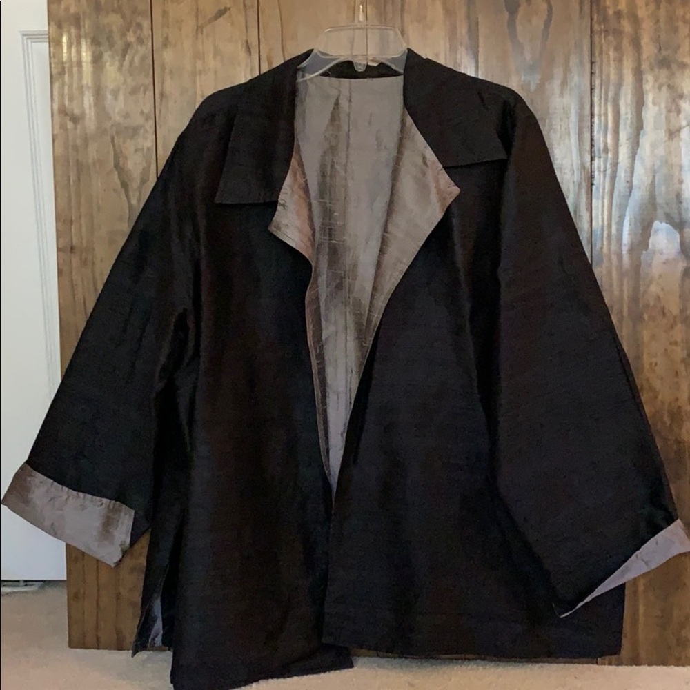 Handmade open front blazer made with rugged satin